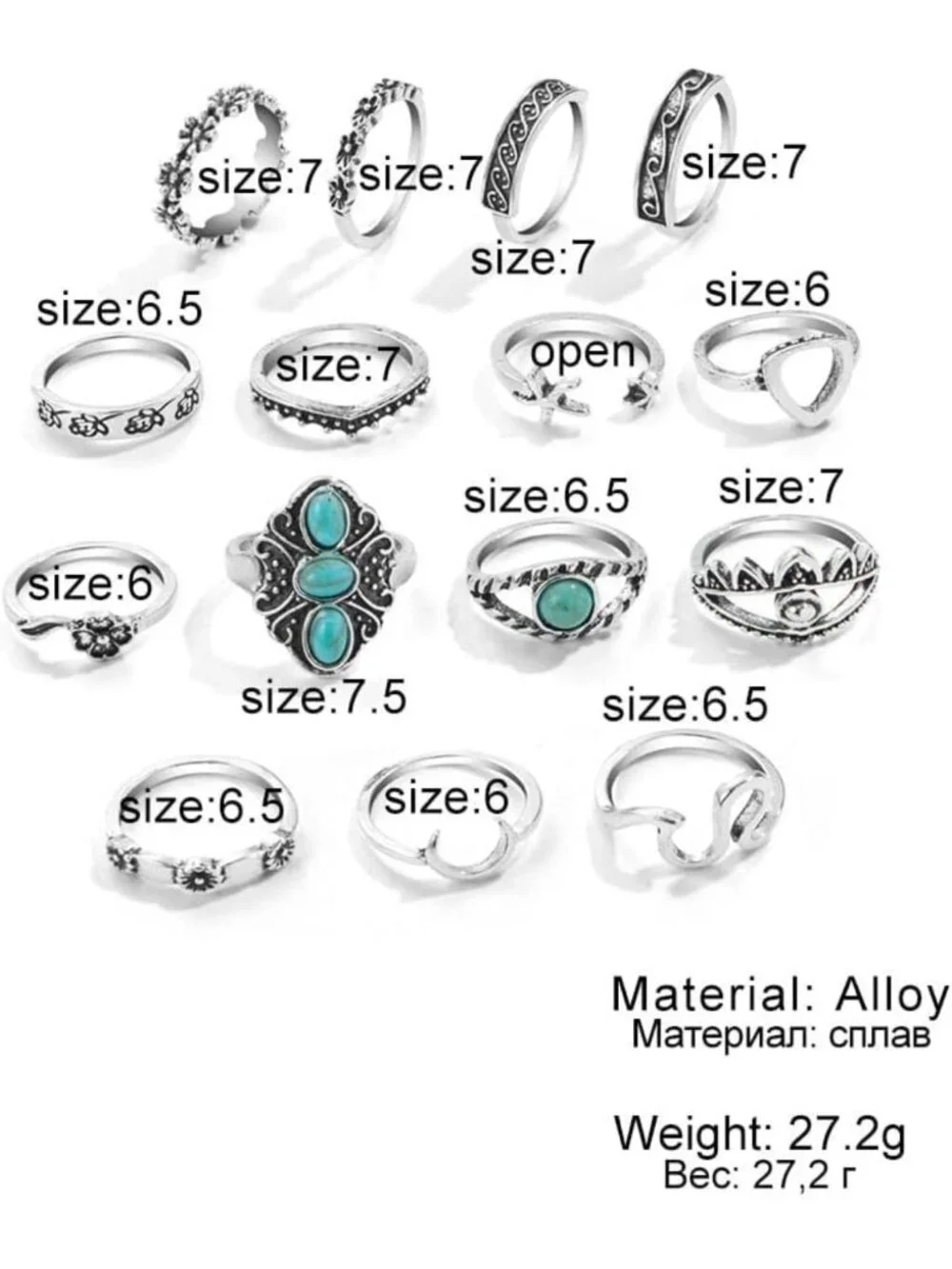 Vintage Silver Knuckle Rings Set - 36-40 Pcs Boho Turquoise Gemstone Jewelry